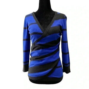 Ricki’s Wrap Front Sweater Deep V Neckline Thin Knit Blue Black Stripes  XS